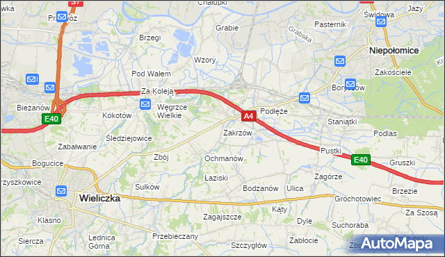 mapa Zakrzów gmina Niepołomice, Zakrzów gmina Niepołomice na mapie Targeo