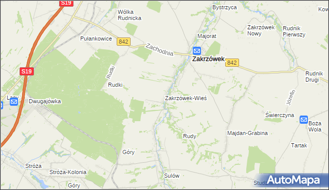 mapa Zakrzówek-Wieś gmina Zakrzówek, Zakrzówek-Wieś gmina Zakrzówek na mapie Targeo