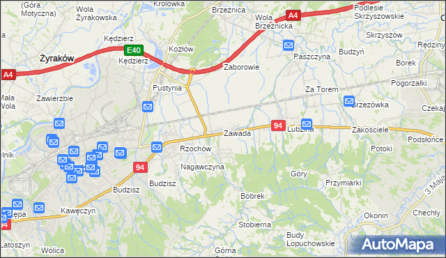 mapa Zawada gmina Dębica, Zawada gmina Dębica na mapie Targeo