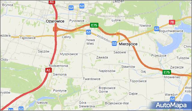 mapa Zawada gmina Mierzęcice, Zawada gmina Mierzęcice na mapie Targeo