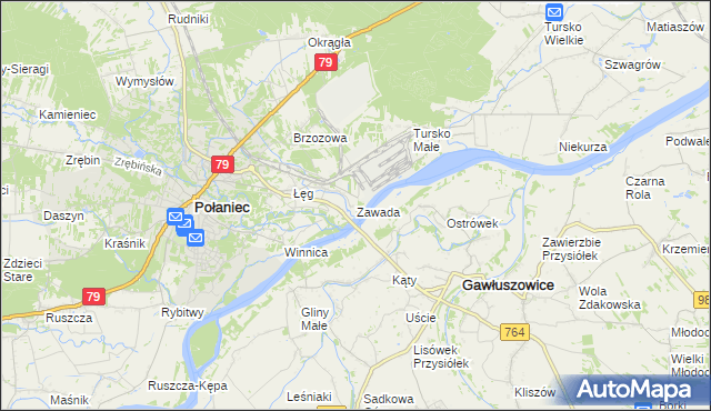 mapa Zawada gmina Połaniec, Zawada gmina Połaniec na mapie Targeo