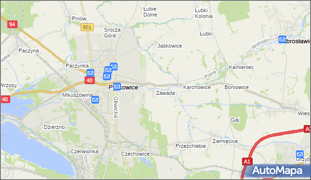 mapa Zawada gmina Zbrosławice, Zawada gmina Zbrosławice na mapie Targeo