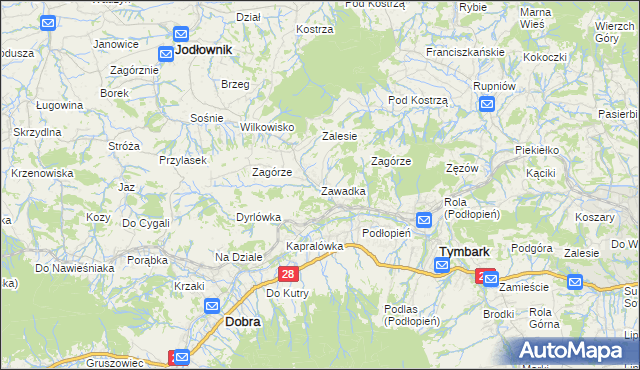 mapa Zawadka gmina Tymbark, Zawadka gmina Tymbark na mapie Targeo