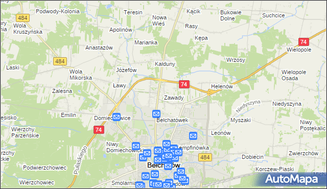 mapa Zawady gmina Bełchatów, Zawady gmina Bełchatów na mapie Targeo