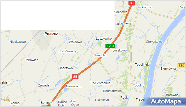 mapa Zbrachlin gmina Pruszcz, Zbrachlin gmina Pruszcz na mapie Targeo