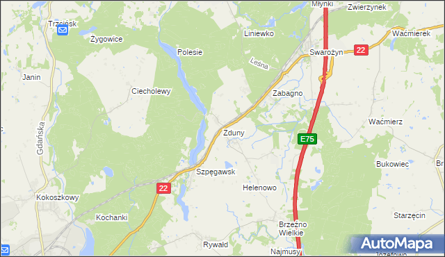 mapa Zduny gmina Starogard Gdański, Zduny gmina Starogard Gdański na mapie Targeo