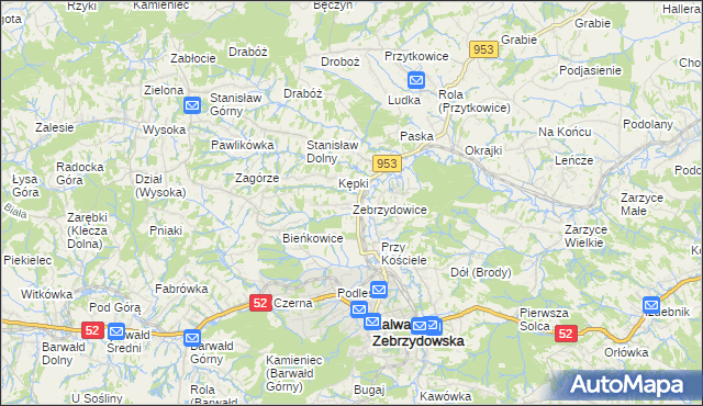 mapa Zebrzydowice gmina Kalwaria Zebrzydowska, Zebrzydowice gmina Kalwaria Zebrzydowska na mapie Targeo