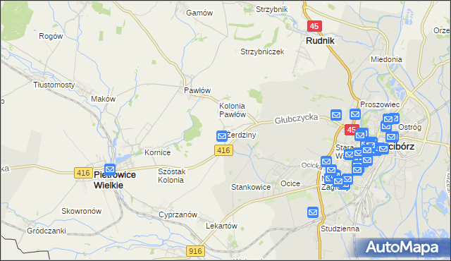 mapa Żerdziny gmina Pietrowice Wielkie, Żerdziny gmina Pietrowice Wielkie na mapie Targeo