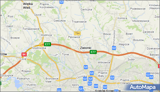 mapa Zielonki powiat krakowski, Zielonki powiat krakowski na mapie Targeo