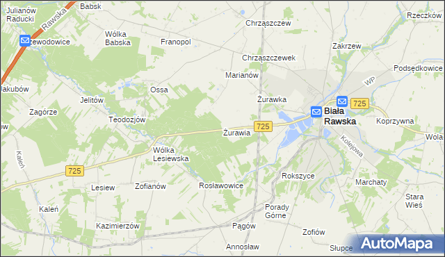 mapa Żurawia gmina Biała Rawska, Żurawia gmina Biała Rawska na mapie Targeo