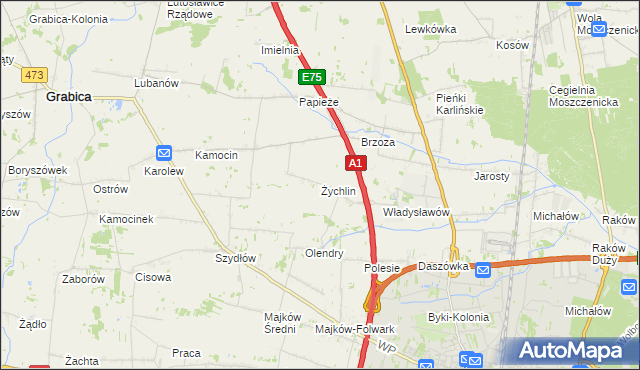 mapa Żychlin gmina Grabica, Żychlin gmina Grabica na mapie Targeo