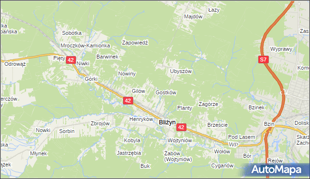 mapa Gostków gmina Bliżyn, Gostków gmina Bliżyn na mapie Targeo