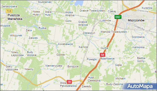 mapa Karnice gmina Puszcza Mariańska, Karnice gmina Puszcza Mariańska na mapie Targeo