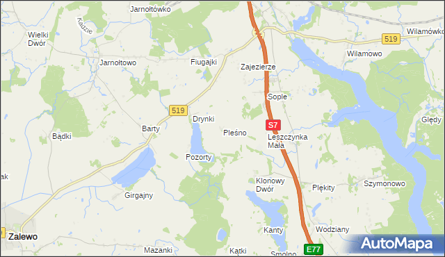 mapa Pleśno gmina Małdyty, Pleśno gmina Małdyty na mapie Targeo