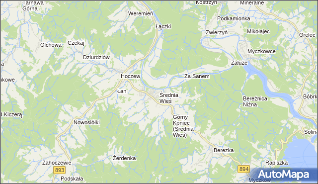 mapa Średnia Wieś gmina Lesko, Średnia Wieś gmina Lesko na mapie Targeo