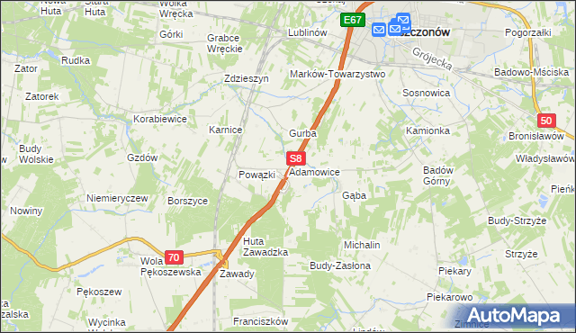 mapa Adamowice gmina Mszczonów, Adamowice gmina Mszczonów na mapie Targeo