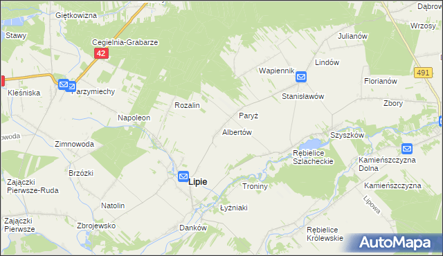 mapa Albertów gmina Lipie, Albertów gmina Lipie na mapie Targeo