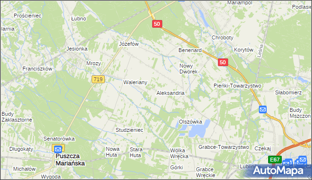 mapa Aleksandria gmina Puszcza Mariańska, Aleksandria gmina Puszcza Mariańska na mapie Targeo