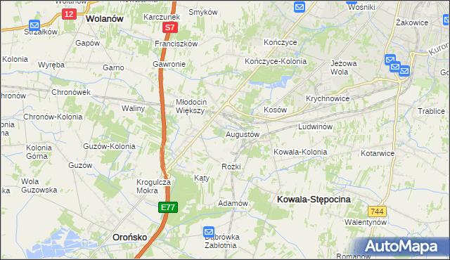 mapa Augustów gmina Kowala, Augustów gmina Kowala na mapie Targeo