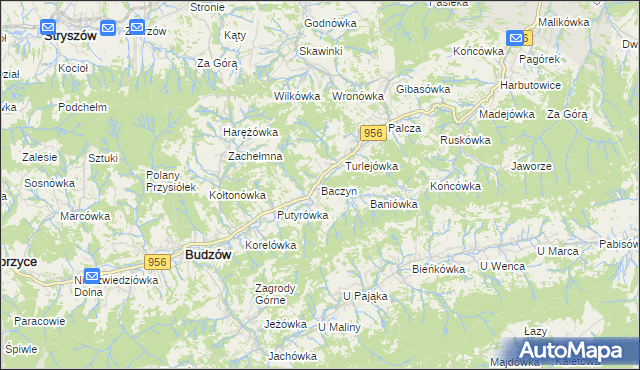 mapa Baczyn gmina Budzów, Baczyn gmina Budzów na mapie Targeo