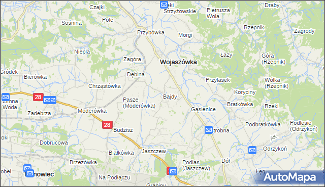 mapa Bajdy gmina Wojaszówka, Bajdy gmina Wojaszówka na mapie Targeo
