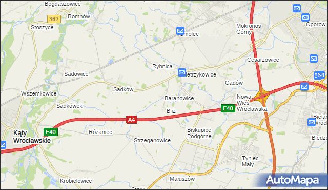 mapa Baranowice gmina Kąty Wrocławskie, Baranowice gmina Kąty Wrocławskie na mapie Targeo