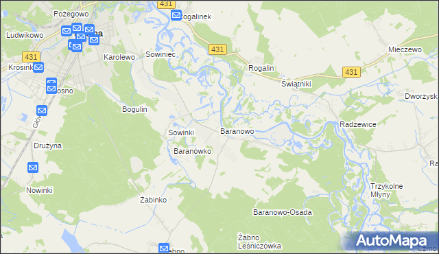 mapa Baranowo gmina Mosina, Baranowo gmina Mosina na mapie Targeo