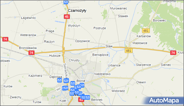 mapa Bieniądzice, Bieniądzice na mapie Targeo