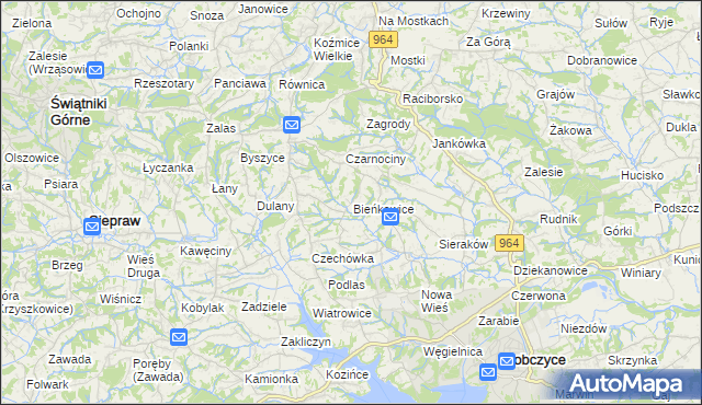 mapa Bieńkowice gmina Dobczyce, Bieńkowice gmina Dobczyce na mapie Targeo