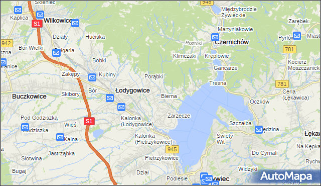 mapa Bierna gmina Łodygowice, Bierna gmina Łodygowice na mapie Targeo