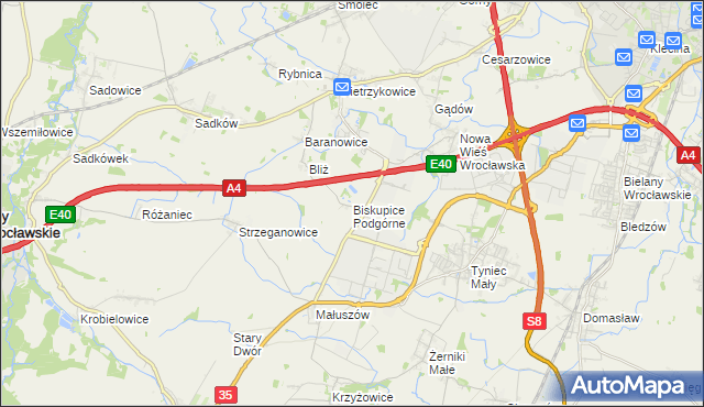 mapa Biskupice Podgórne, Biskupice Podgórne na mapie Targeo