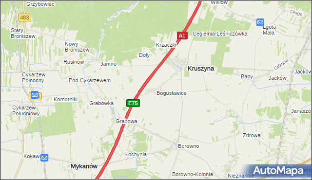 mapa Bogusławice gmina Kruszyna, Bogusławice gmina Kruszyna na mapie Targeo