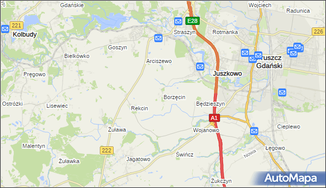 mapa Borzęcin gmina Pruszcz Gdański, Borzęcin gmina Pruszcz Gdański na mapie Targeo