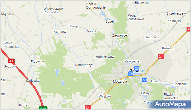 mapa Bronisławów gmina Głowno, Bronisławów gmina Głowno na mapie Targeo