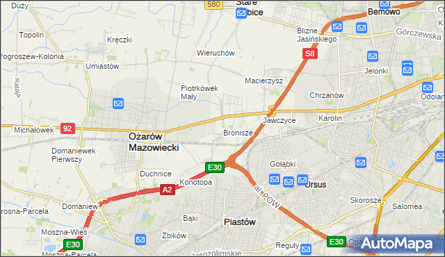 mapa Bronisze gmina Ożarów Mazowiecki, Bronisze gmina Ożarów Mazowiecki na mapie Targeo