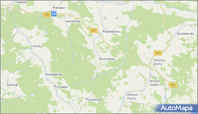 mapa Broniszów gmina Kożuchów, Broniszów gmina Kożuchów na mapie Targeo