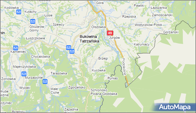mapa Brzegi gmina Bukowina Tatrzańska, Brzegi gmina Bukowina Tatrzańska na mapie Targeo