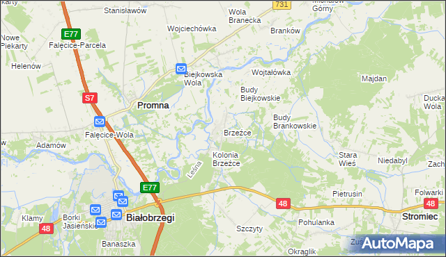 mapa Brzeźce gmina Białobrzegi, Brzeźce gmina Białobrzegi na mapie Targeo