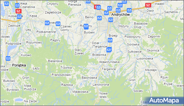 mapa Brzezinka gmina Andrychów, Brzezinka gmina Andrychów na mapie Targeo