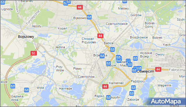 mapa Brzezinka gmina Oświęcim, Brzezinka gmina Oświęcim na mapie Targeo