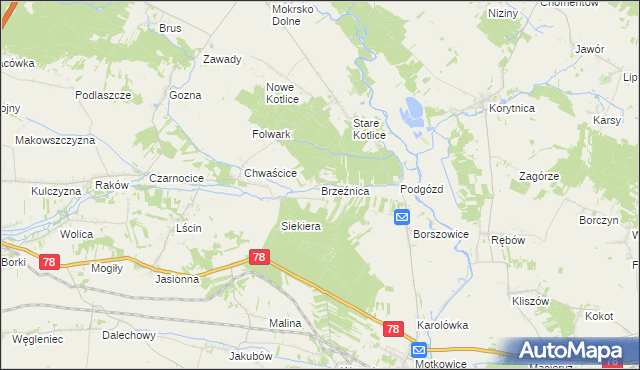 mapa Brzeźnica gmina Jędrzejów, Brzeźnica gmina Jędrzejów na mapie Targeo