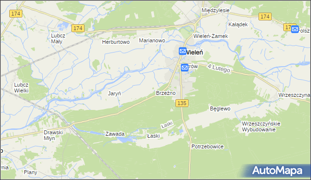 mapa Brzeźno gmina Wieleń, Brzeźno gmina Wieleń na mapie Targeo