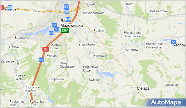 mapa Byszewice gmina Rawa Mazowiecka, Byszewice gmina Rawa Mazowiecka na mapie Targeo