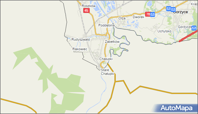 mapa Chałupki gmina Krzyżanowice, Chałupki gmina Krzyżanowice na mapie Targeo