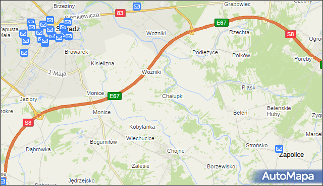 mapa Chałupki gmina Sieradz, Chałupki gmina Sieradz na mapie Targeo