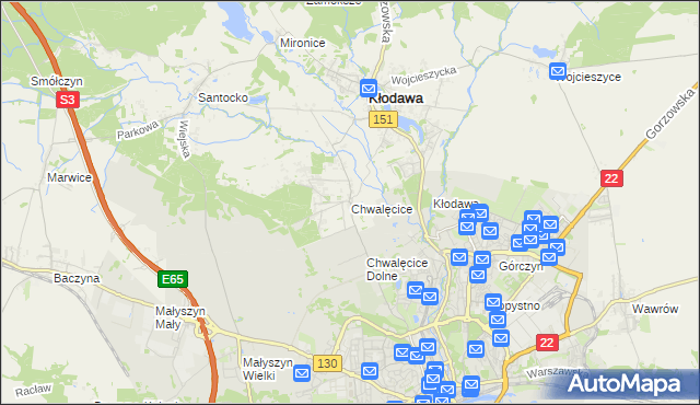 mapa Chwalęcice gmina Kłodawa, Chwalęcice gmina Kłodawa na mapie Targeo