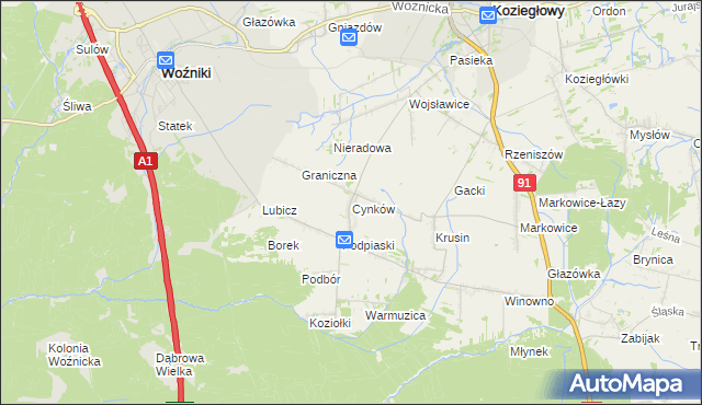 mapa Cynków gmina Koziegłowy, Cynków gmina Koziegłowy na mapie Targeo