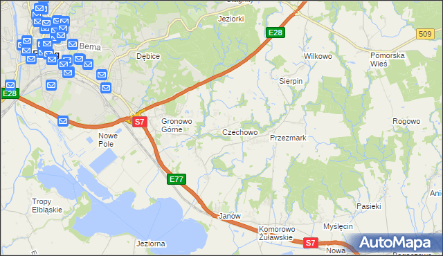 mapa Czechowo gmina Elbląg, Czechowo gmina Elbląg na mapie Targeo