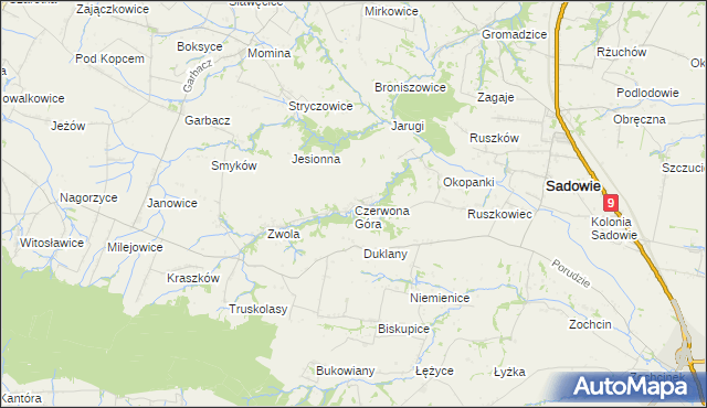 mapa Czerwona Góra gmina Sadowie, Czerwona Góra gmina Sadowie na mapie Targeo