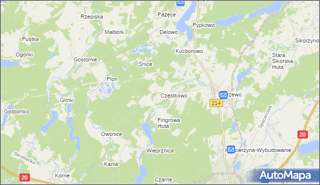 mapa Częstkowo gmina Kościerzyna, Częstkowo gmina Kościerzyna na mapie Targeo